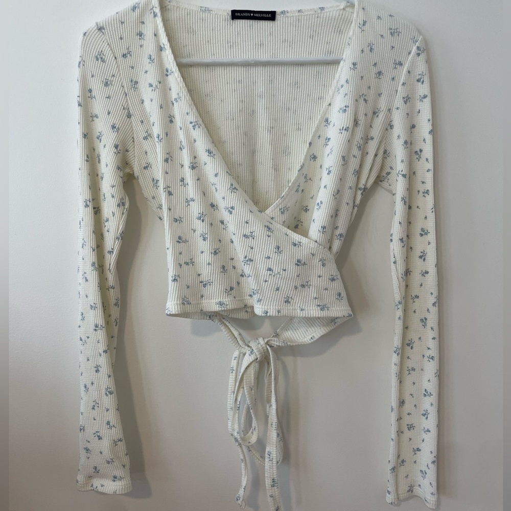 Brandy Melville white waffle knit v-neck long sleeve with cross over ties